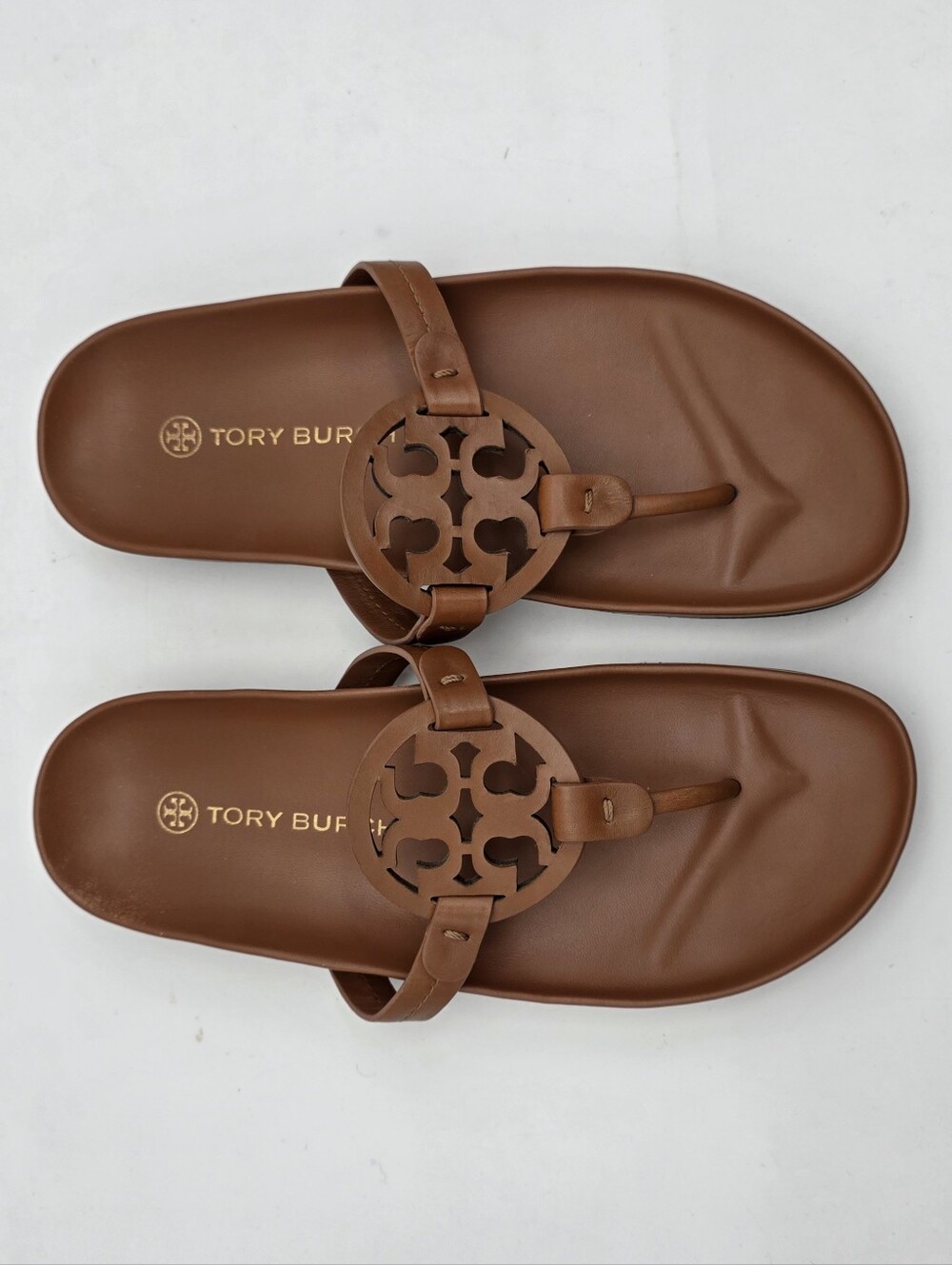 Tory Burch Cognac Miller Cloud Logo Thong Sandals Leather Sz 8.5